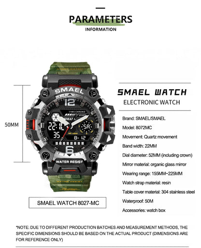 SMAEL New Watches 50m Waterproof Sports Watch Digital 8072 Army Watch Digital Quartz Dual Time Wristwatches LED for Men