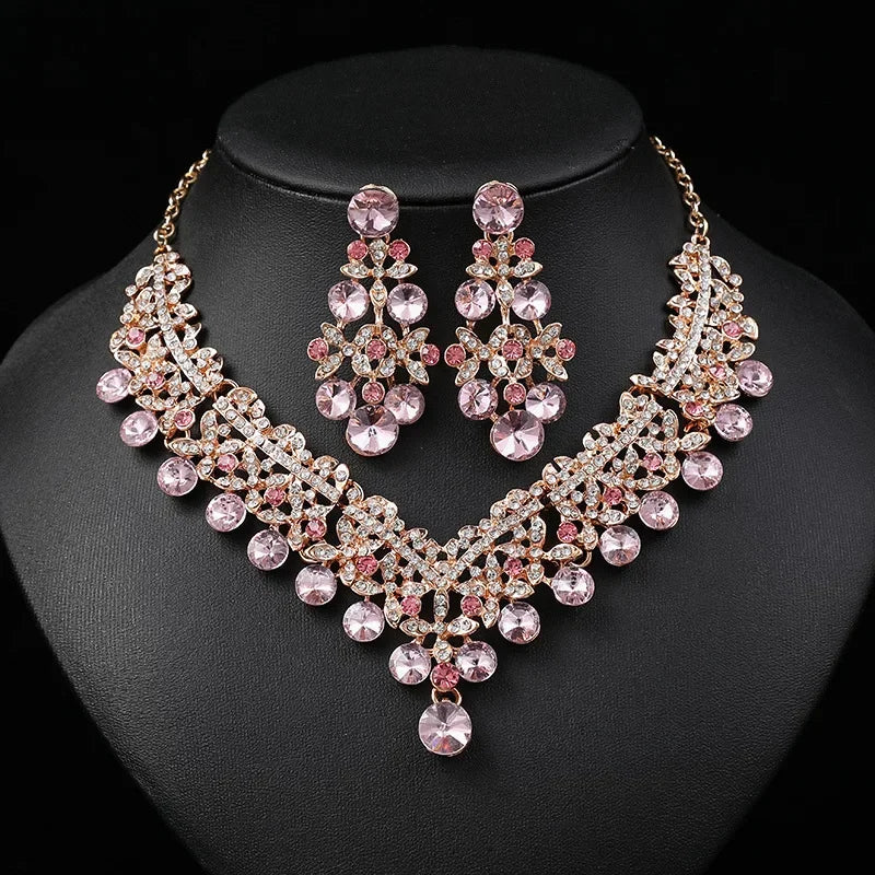 Luxury Flower Choker Necklace Earrings Wedding Dress Bridal Necklace Set Rhinestone Bride Jewelry Sets for Women