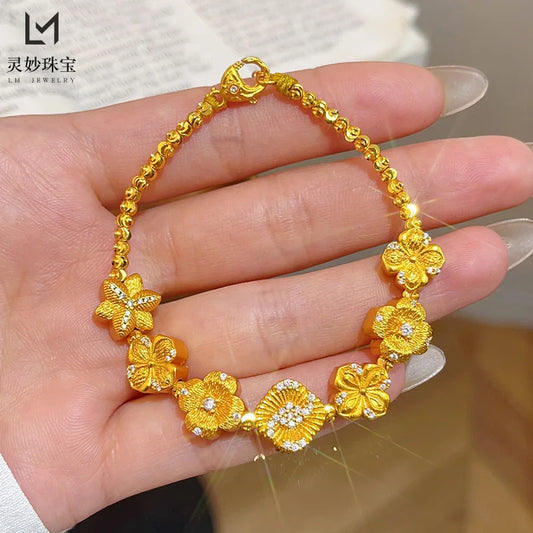 9999 24K real gold dot diamond brushed streamer bead bracelet with flowers blooming flowers and bracelets for girlfriend