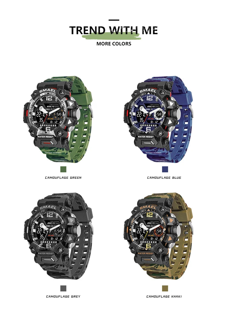 SMAEL New Watches 50m Waterproof Sports Watch Digital 8072 Army Watch Digital Quartz Dual Time Wristwatches LED for Men