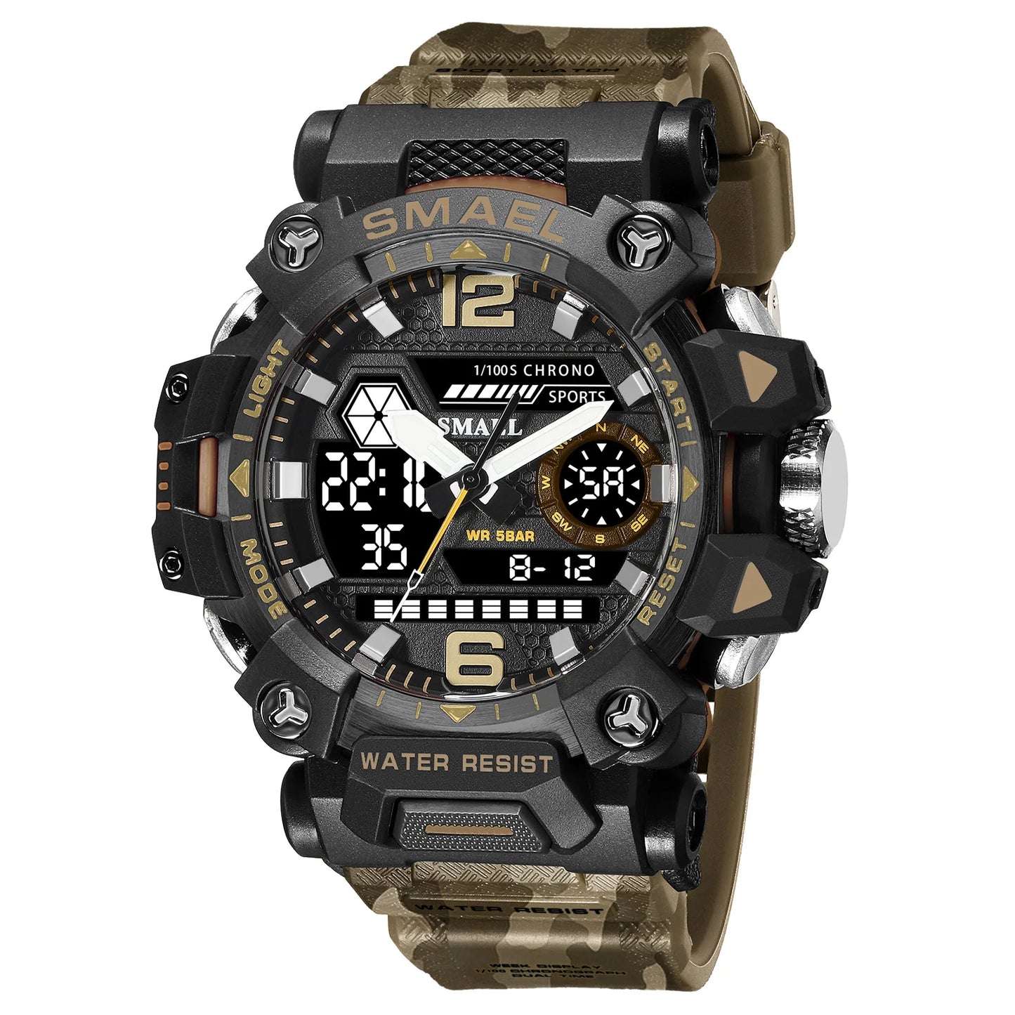 SMAEL New Watches 50m Waterproof Sports Watch Digital 8072 Army Watch Digital Quartz Dual Time Wristwatches LED for Men