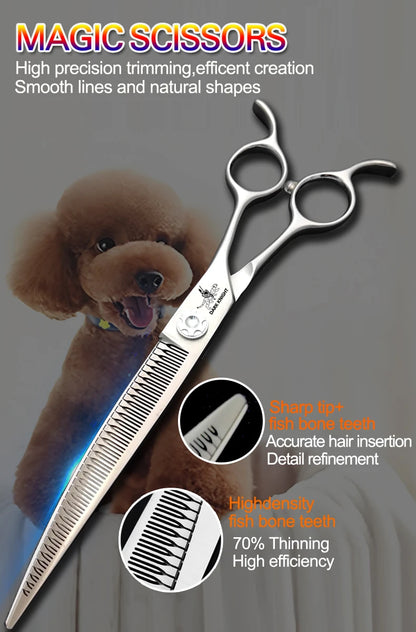 Professional pet scissors, pet beautician uses natural curved fishbone teeth scissors 440C, 7"dog hair trimming tool