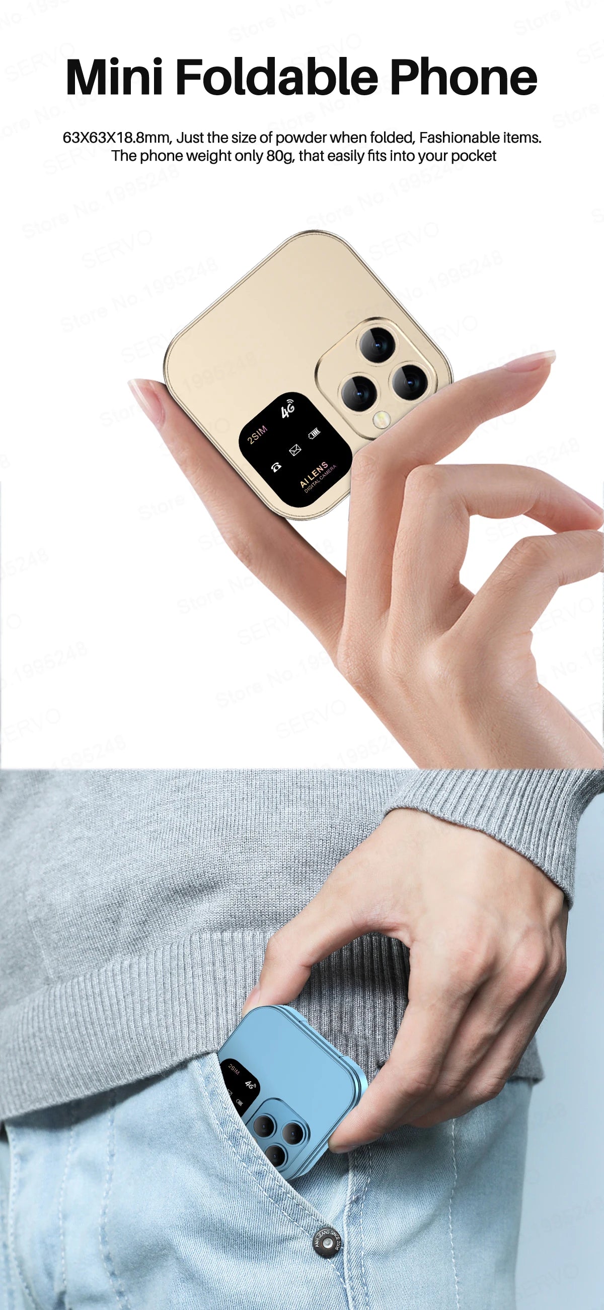 SERVO i16 Pro 2G GSM/4G LTE Network Small Flip Mobile Phone 2 SIM Standby Call Recording Speed Dial 1.77" Mini Folding Cellphone