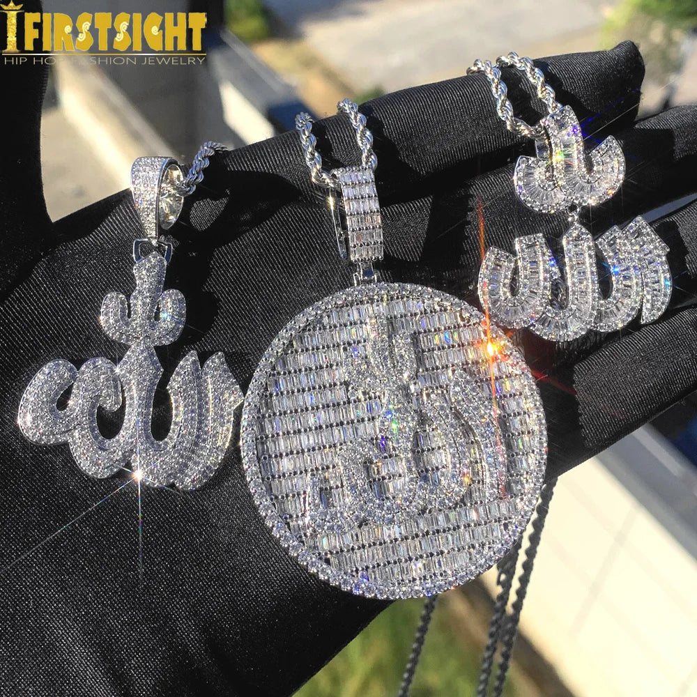 Iced Out Muslims Allah Pendant Necklace Silver Color Pave Zircon CZ Letter Charm Bling Women Men Hip Hop Jewelry