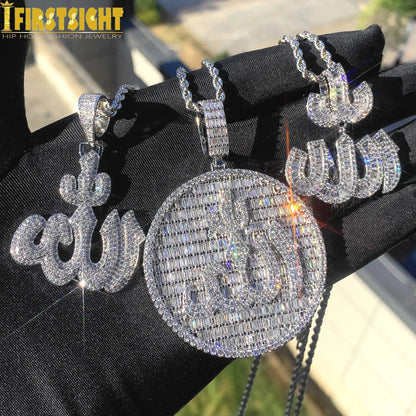 Iced Out Muslims Allah Pendant Necklace Silver Color Pave Zircon CZ Letter Charm Bling Women Men Hip Hop Jewelry