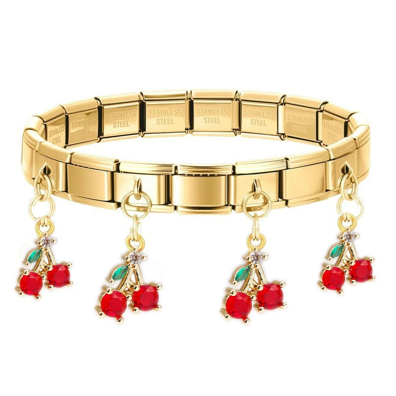 Geometric Square Stainless Steel Elastic Strap Bangle Bracelets for Women Strawberry Cherry Pendant Bracelets Hand Jewelry Gift