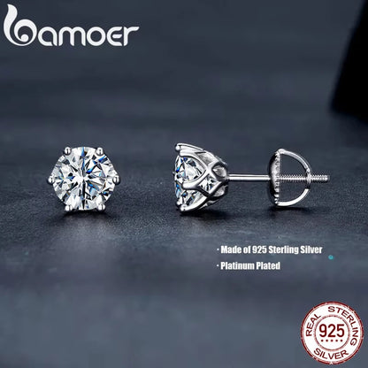 BAMOER Classic Moissanite Stud Earrings, S925 Silver 6 Prongs D Color Round Cut Lab Created Diamond Wedding 18k Gold Earrings