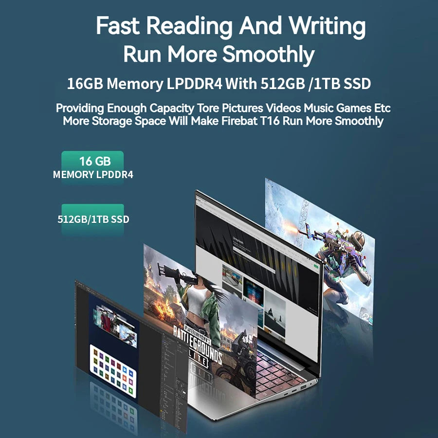 Firebat A16 AT15 Laptop 15.6 16 Inch CPU Intel N100 16GB RAM 512GB 1TB BT4.2 WiFi5 LPDDR4 Lightweight Business Computer Notebook