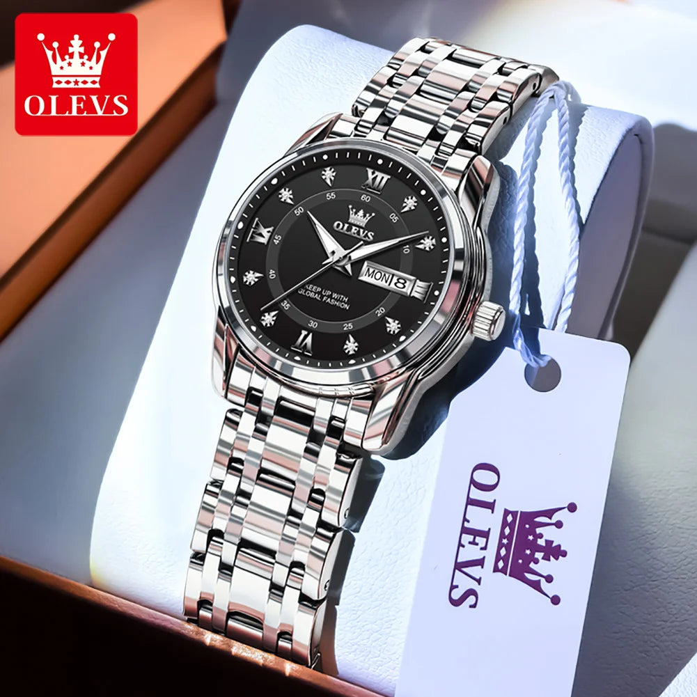 OLEVS Best Selling Fashion Stainless Steel Quartz Ladies Watch Luxury Dual Calendar Luminous Waterproof Elegant Watch for Women