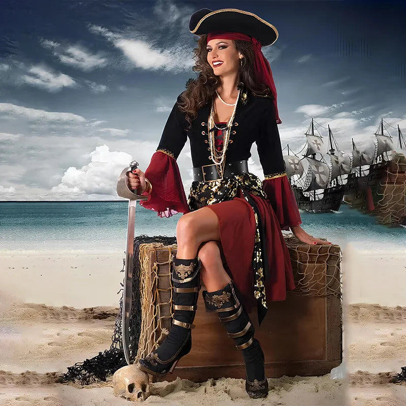 Halloween costume, makeup ball, red pirate cosplay, Captain Jack, adult female, Caribbean pirate performance costume