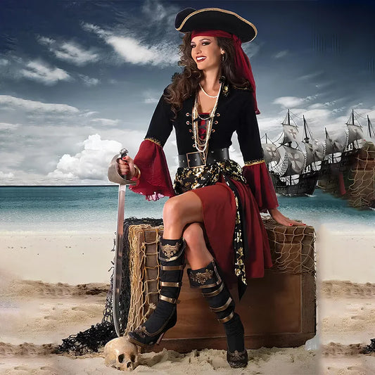 Halloween costume, makeup ball, red pirate cosplay, Captain Jack, adult female, Caribbean pirate performance costume