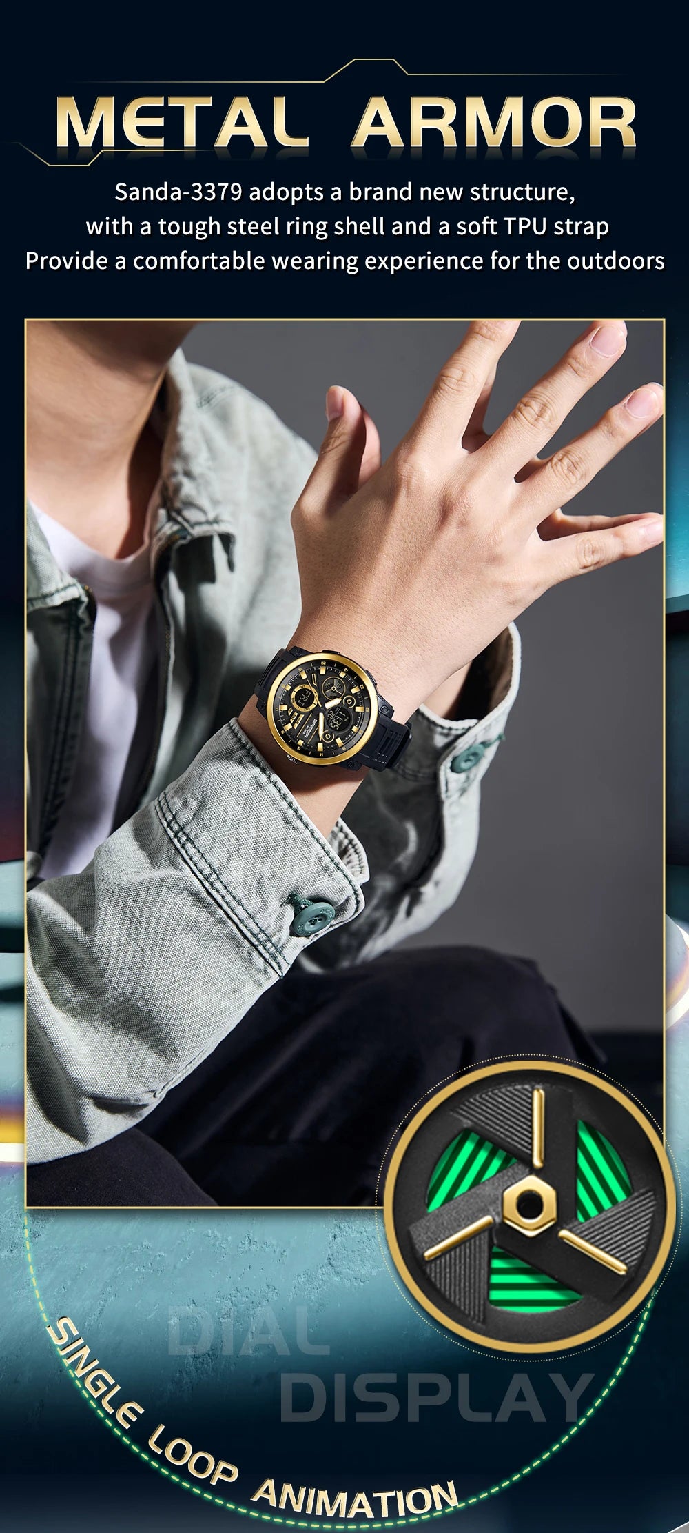 SANDA Men Sport Wristwatch TPU Strap Waterproof Quartz Watch Dual Display Digital Luminous Male Clock Relogio Masculino