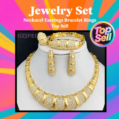 Dubai Jewelry Set For Women 18K Gold Plated Luxury Necklace Earrings Bracelet And Ring Set Jewelry For Wedding Party Trending