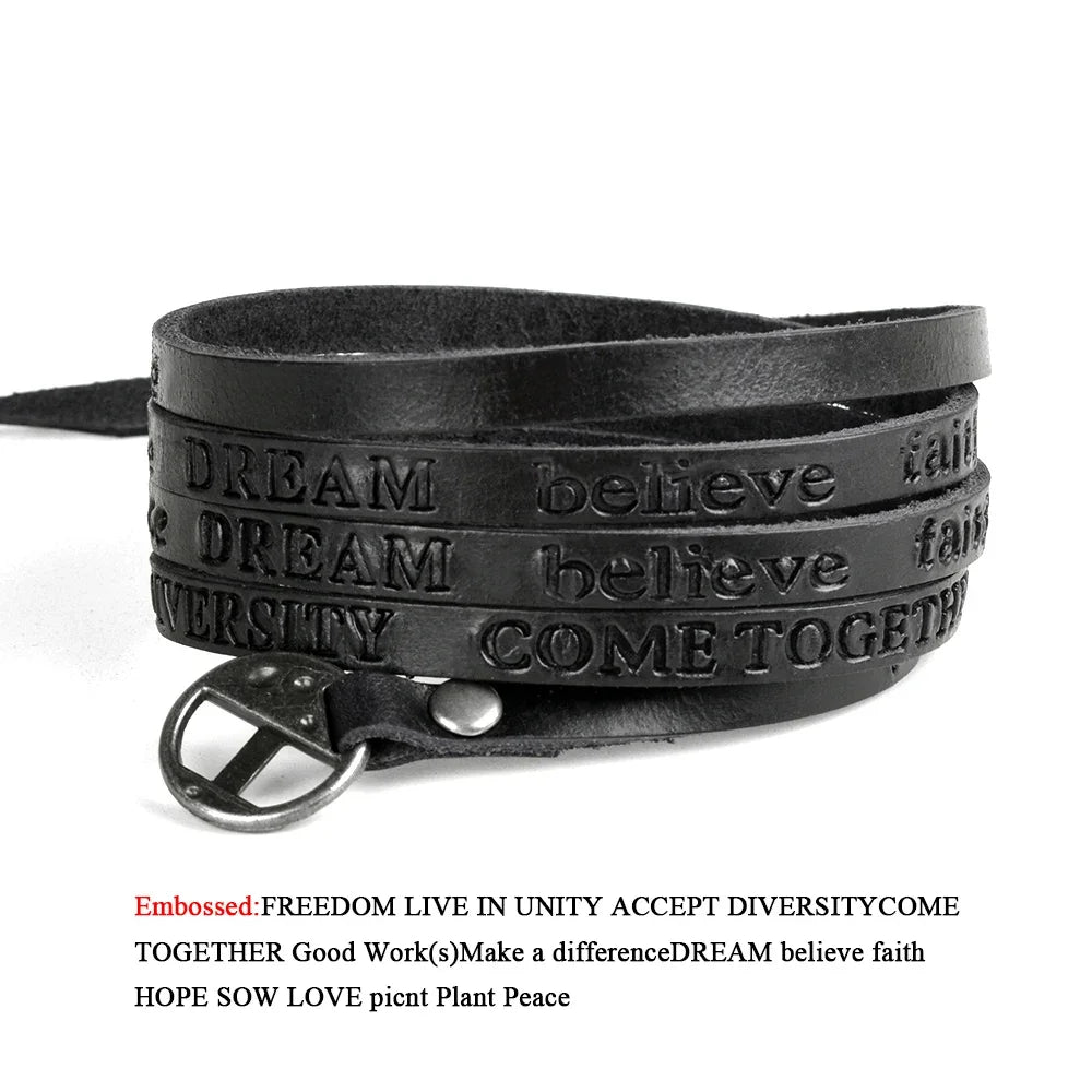 Kirykle Vintage Bohemian Style Jewelery Multilayer Wrap Genuine Leather Bracelet For Men And Women Embossing Letter Bracelets