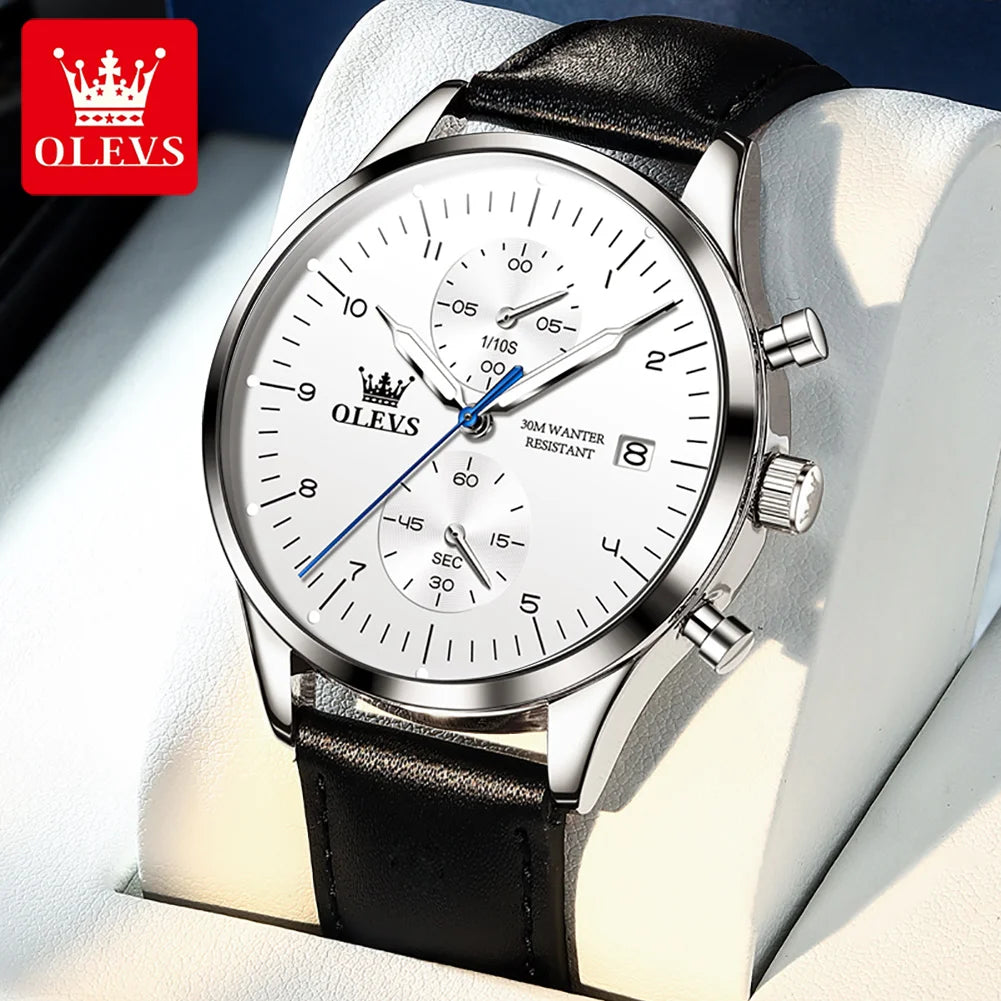 OLEVS 2880 Quartz Business Watch Gift Round-dial Genuine Leather Watchband Wristwatch Calendar Luminous