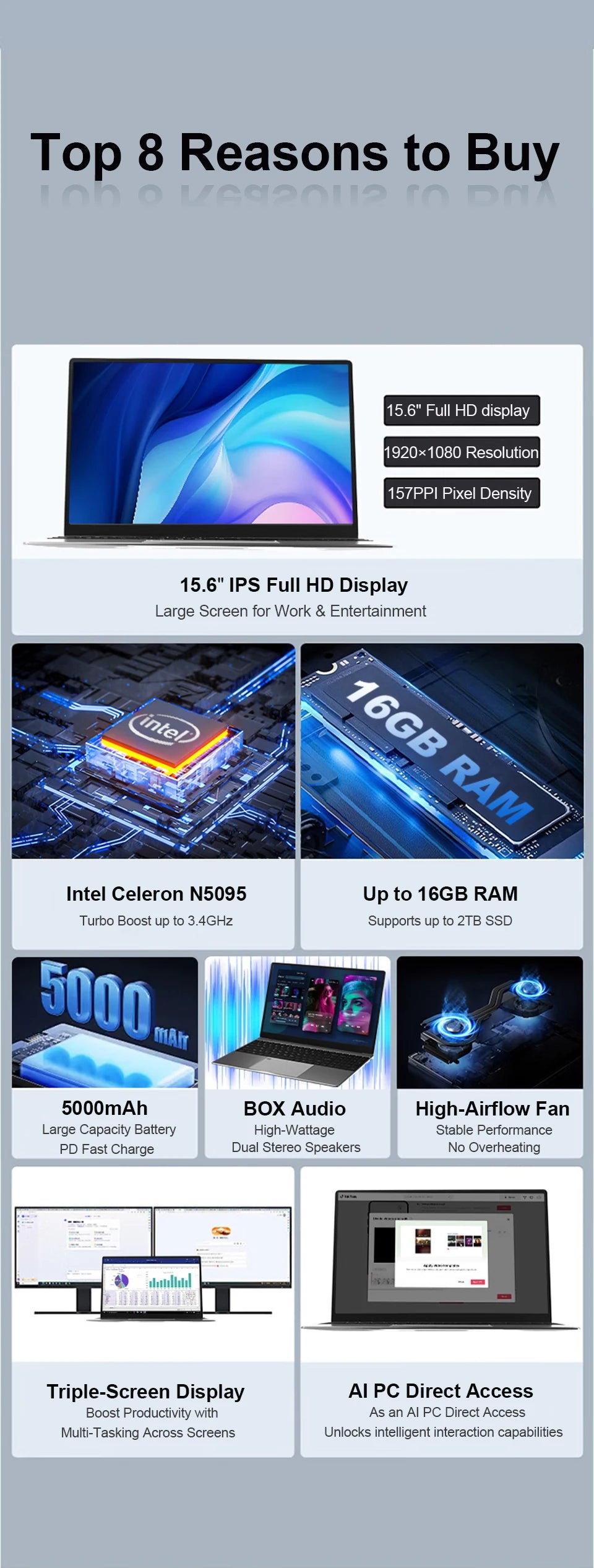 Xiaman 15.6" Gaming Laptop - Intel Celeron N5095 16GB DDR4 1TB SSD Windows 11 1080P