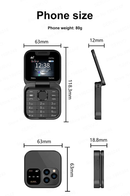 SERVO i16 Pro 2G GSM/4G LTE Network Small Flip Mobile Phone 2 SIM Standby Call Recording Speed Dial 1.77" Mini Folding Cellphone