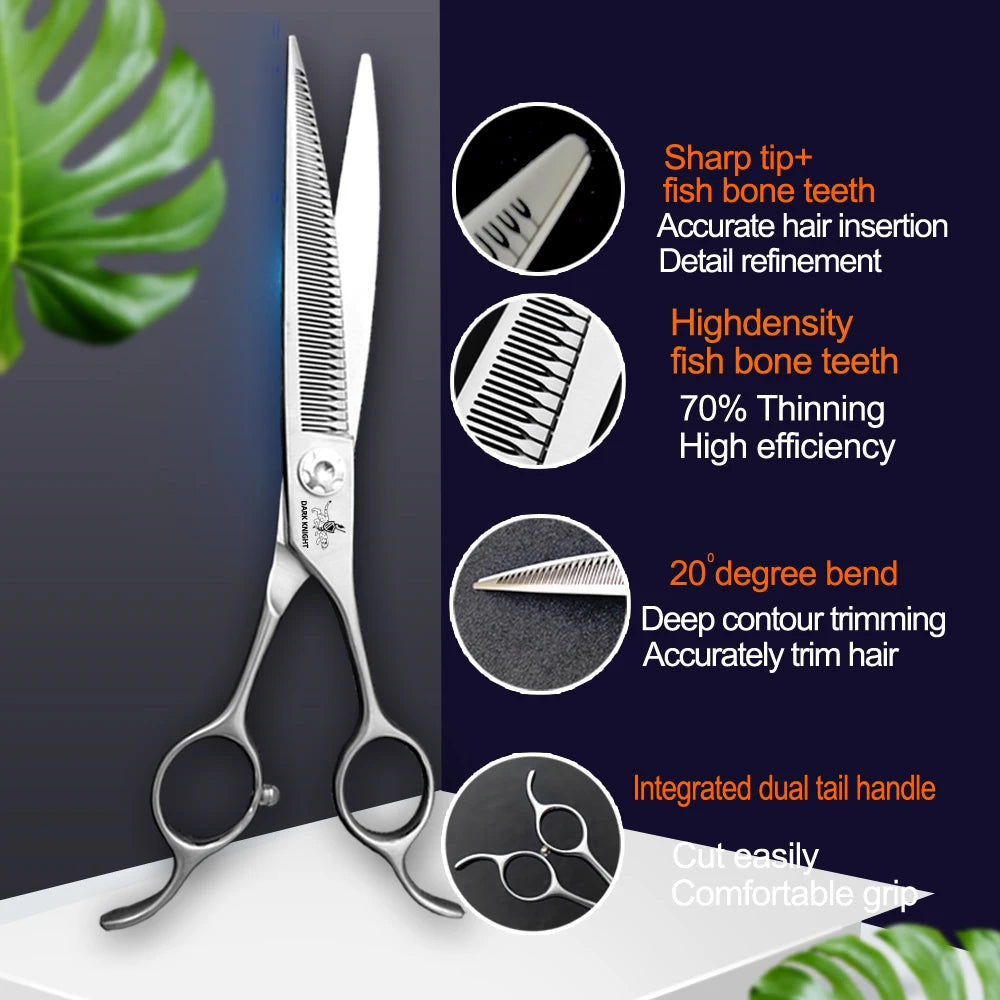 Professional pet scissors, pet beautician uses natural curved fishbone teeth scissors 440C, 7"dog hair trimming tool