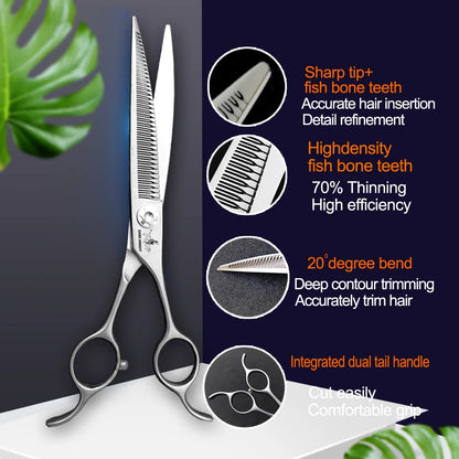 Professional pet scissors, pet beautician uses natural curved fishbone teeth scissors 440C, 7"dog hair trimming tool