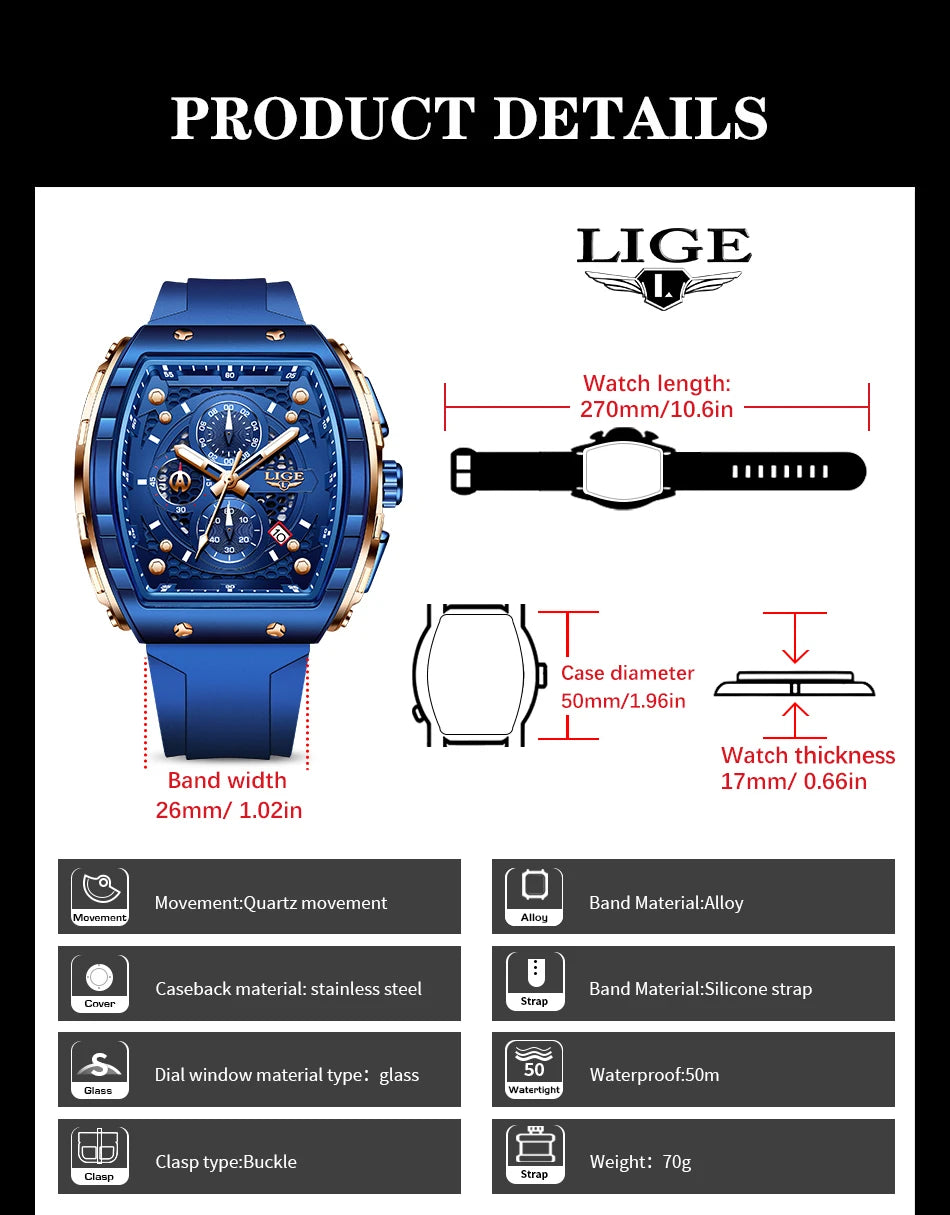 LIGE Top Brand Luxury Square Quartz Watches for Men Fashion Casual Sport 50M Waterproof Man Watch Auto Date Military Chronograph