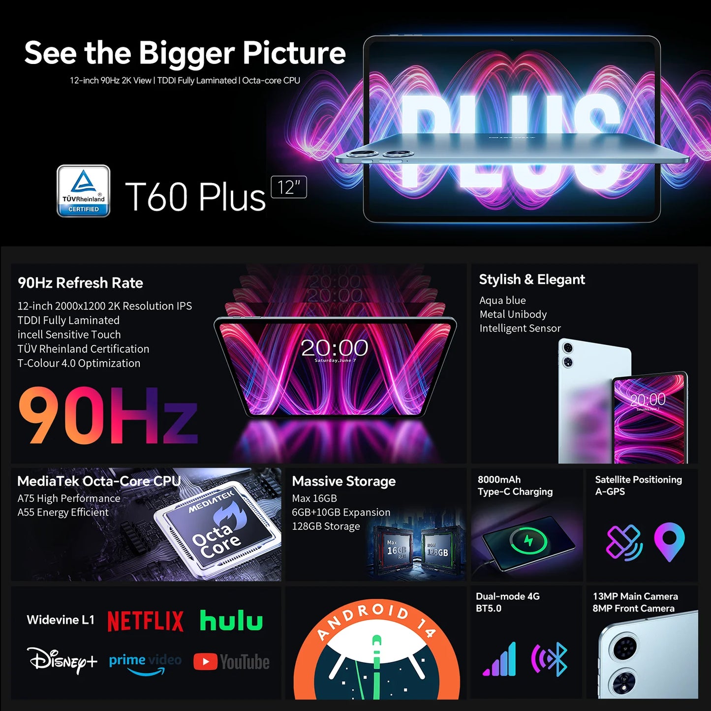Teclast T60 Plus 12" Tablet 90Hz 2K Display Android 14 Max 16GB RAM 128GB ROM MTK G88 Octa-Core 8000mAh Widevine L1 4G LTE GPS