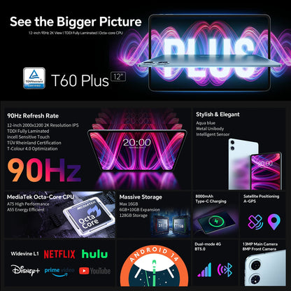 Teclast T60 Plus 12" Tablet 90Hz 2K Display Android 14 Max 16GB RAM 128GB ROM MTK G88 Octa-Core 8000mAh Widevine L1 4G LTE GPS