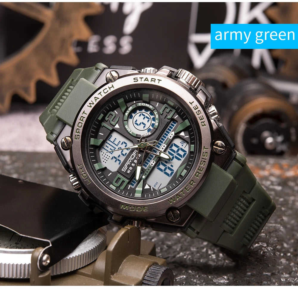 SANDA Men Sports Quartz Watches Dual Display LED Electronic Digital Wristwatches Waterproof Military Watch Relogios Masculino