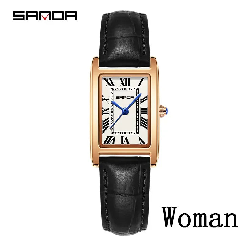 SANDA Luxury Tank Couple Watch Wear Resistant Leather Strap Square Dial Waterproof Sport Casual Women Men Quartz Watches Reloj