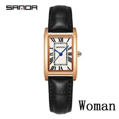 SANDA Luxury Tank Couple Watch Wear Resistant Leather Strap Square Dial Waterproof Sport Casual Women Men Quartz Watches Reloj