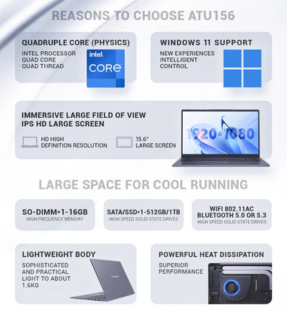 Firebat AT15 Laptop - Intel N150 N100 15.6" 16GB RAM SSD Lightweight Business Computer Notebook