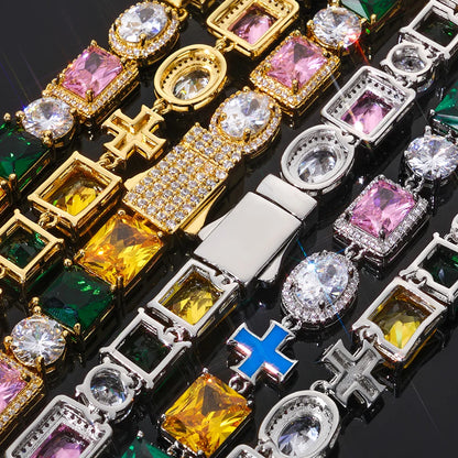 NY Hip Hop Jewelry Rainbow Zircon Necklace 18k Gold Plated Geometric Colorful Cross Link Chain Fashion for Women