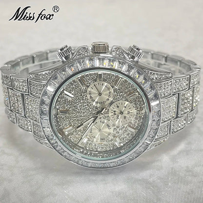 2022 Luxury Brand MISSFOX Gold Hip Hop Watches Men Fashion Rainbow Diamond Waterproof Smart Watch Full Steel Sports Clocks Male