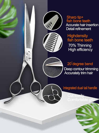Professional pet scissors, pet beautician uses natural curved fishbone teeth scissors 440C, 7"dog hair trimming tool