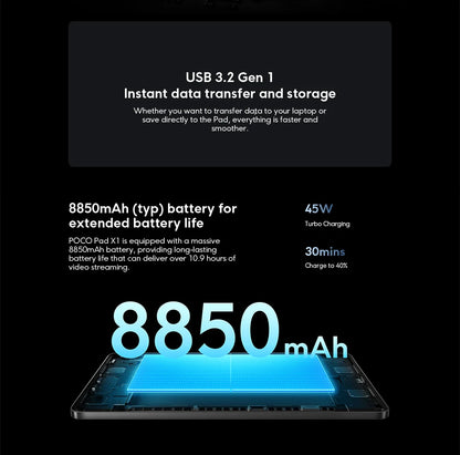 POCO PAD X1 Global Version Tablet 11.2" – Snapdragon 7+ Gen 3, 3.2K 144Hz Display, 8GB+512GB, 8850mAh