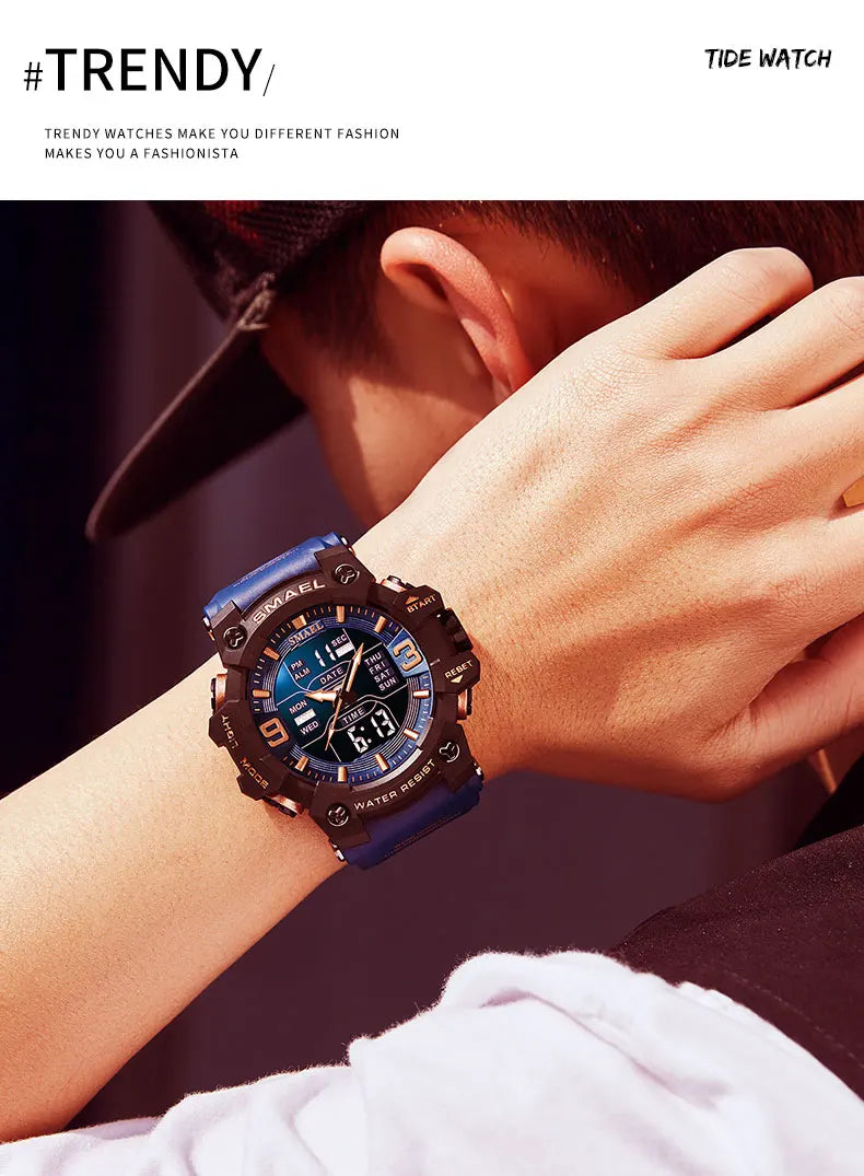 SMAEL 8049 Watch Sport LED Light Alarm Clock Dual Time Display WaterproofWeek Auto Date Wristwatches Quartz