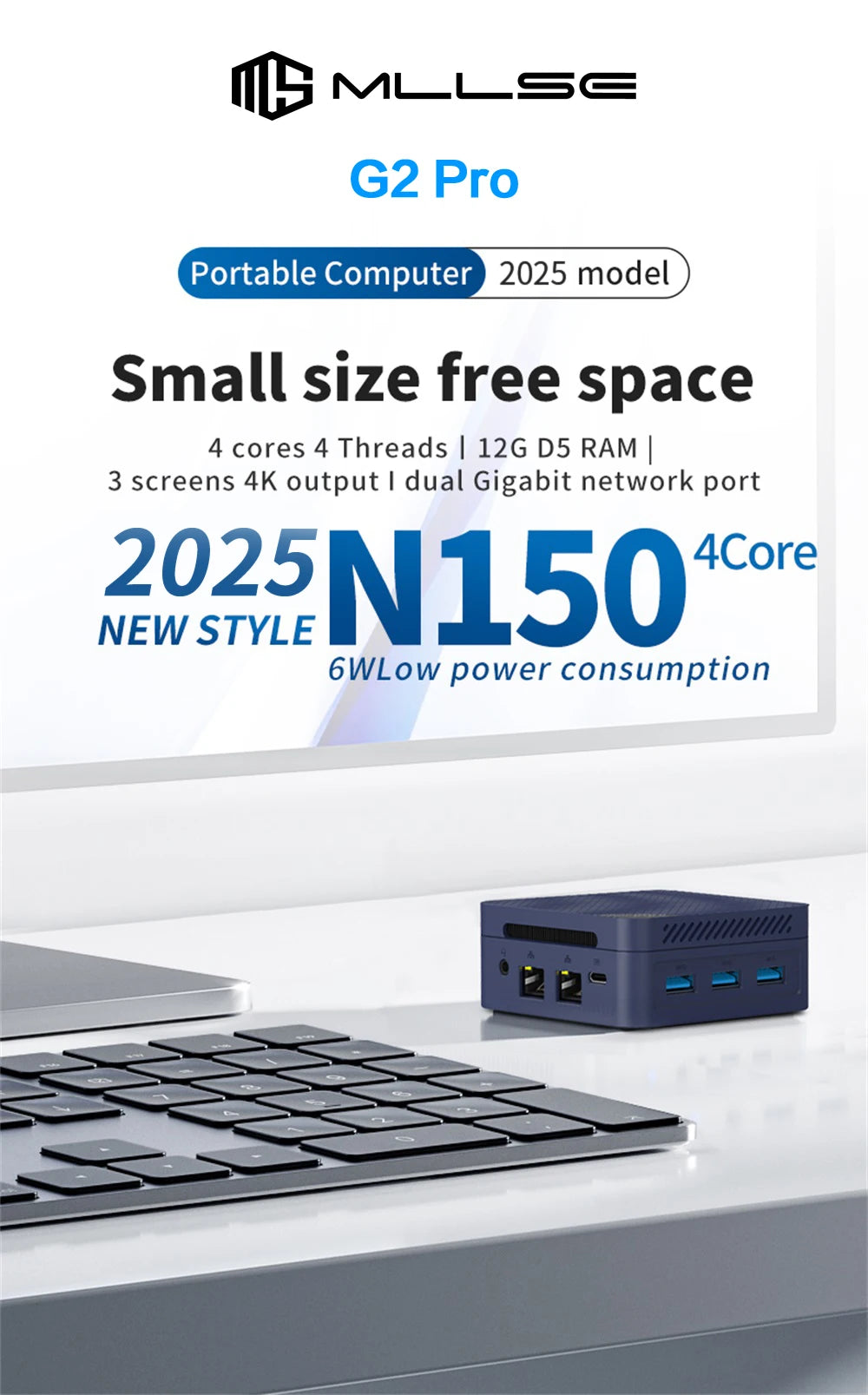 MLLSE G2 Pro Mini PC Intel Twin Lake N150 Processor LPDDR5 12GB RAM 512GB ROM Windows 11 Pro WiFi 5 BT5.2 Desktop Computer