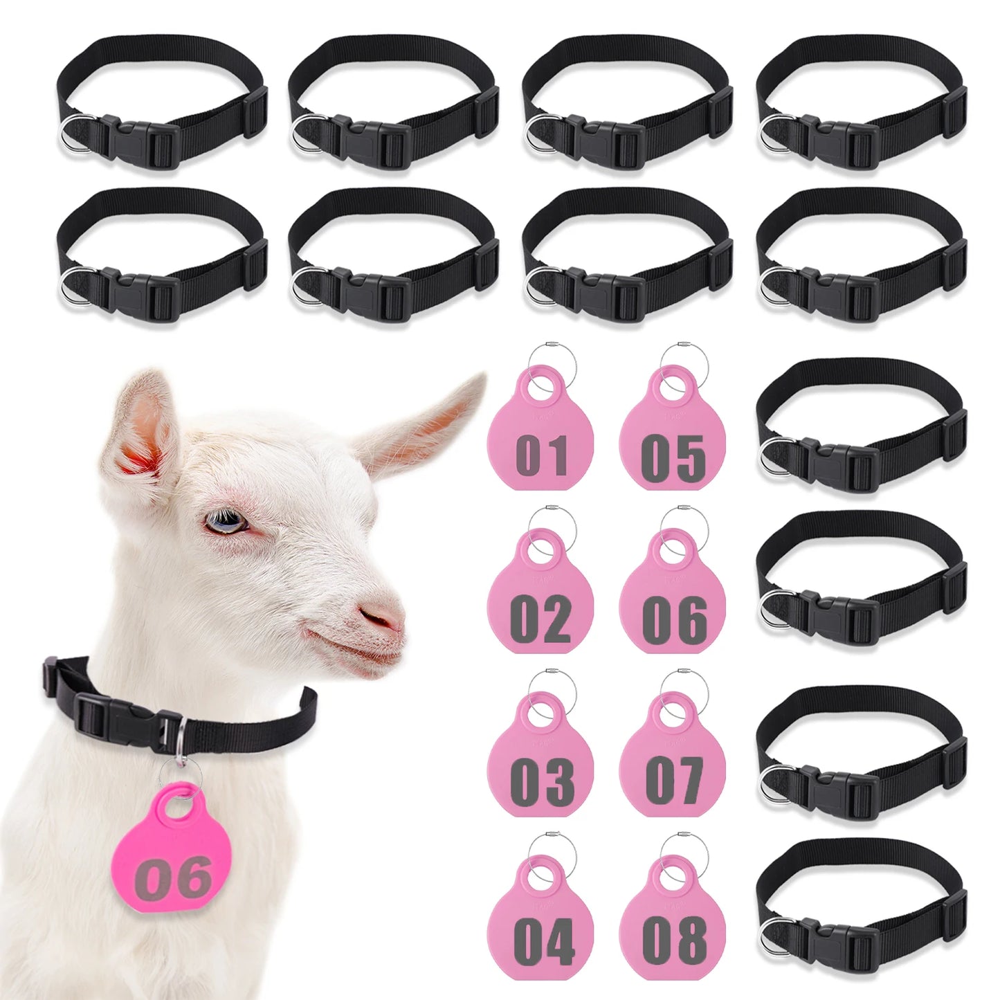 Adjustable Nylon Collar Pet Livestock Hang Tag with Double-sided Serial Number for Farm Livestock Animal Pet Goat Sheep 28 Pcs
