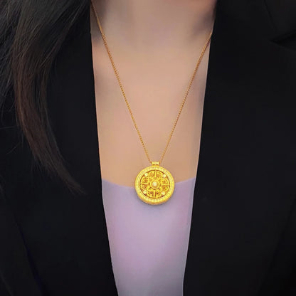 9999 24K real gold rotatable four-sided blessing diamond inlaid eight treasure compass necklace ancient Chinese women's jewelry