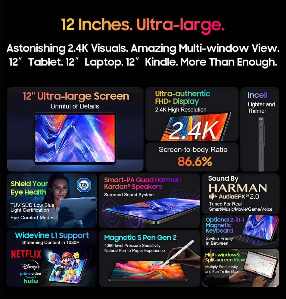 Blackview Tab 18 Tablet - 12" 2.4K FHD+ Display 8GB 256GB MTK Helio G99 8800mAh Pressure Sensitivity