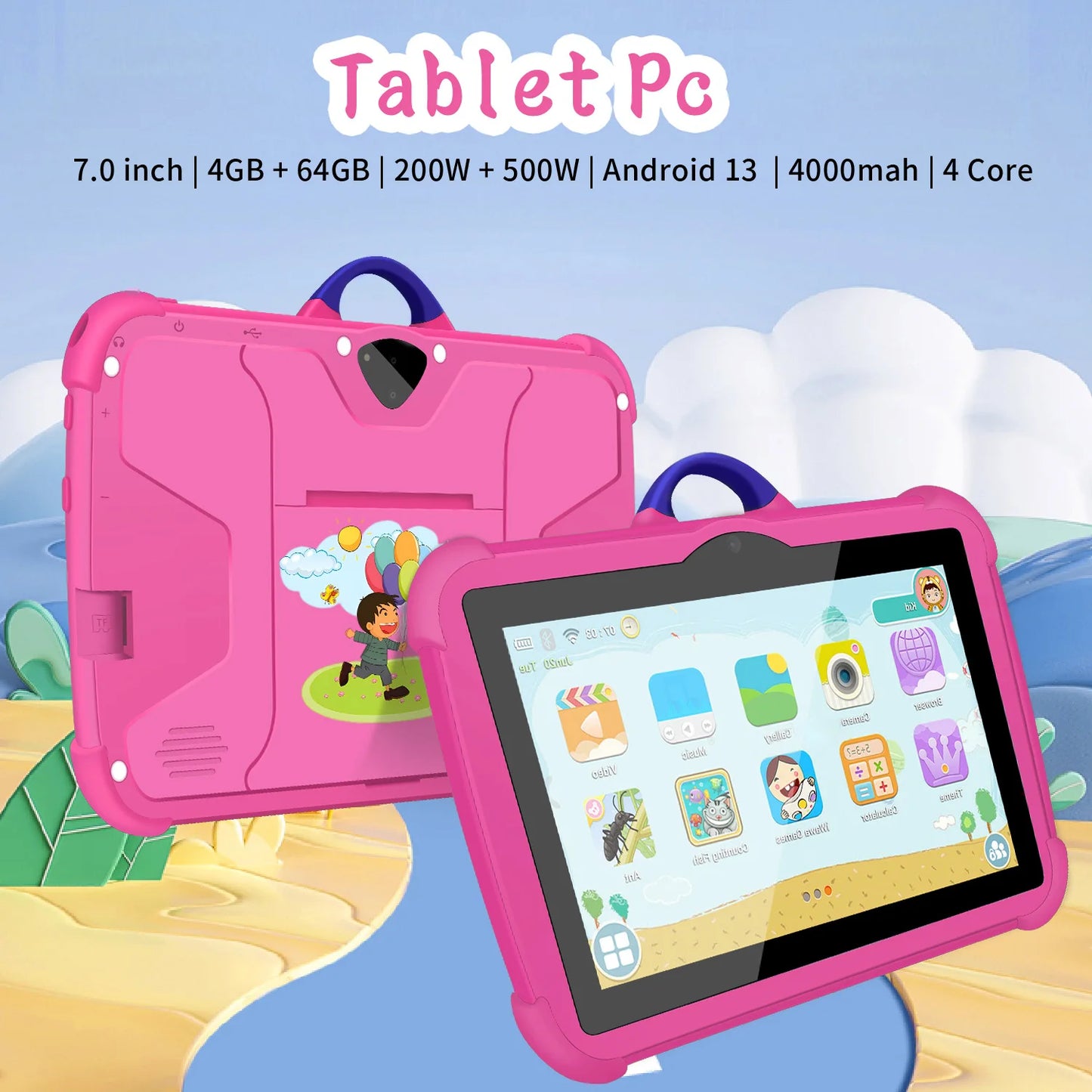 Kids Tablet 7 Inch Cartoon Pattern - Quad Core 4GB RAM 64GB ROM Android Learning Education Games Gift