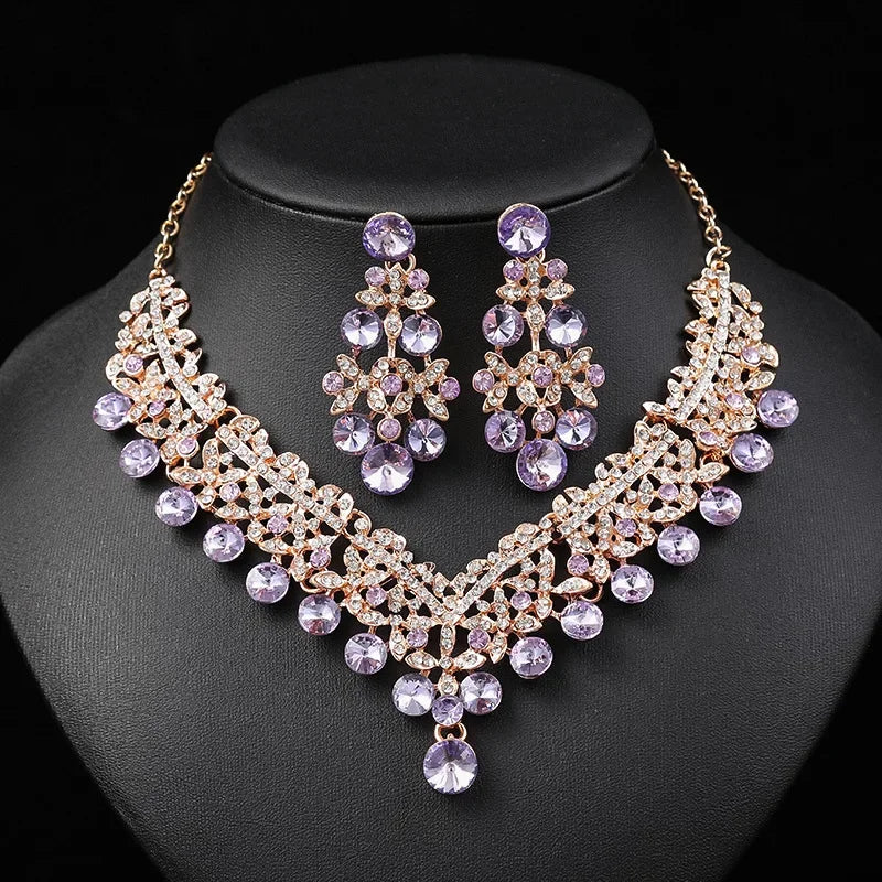 Luxury Flower Choker Necklace Earrings Wedding Dress Bridal Necklace Set Rhinestone Bride Jewelry Sets for Women