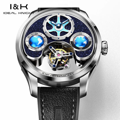 IDEAL KNIGHT 6808 Original Mechanical Watch For Men Top Brand 43mm Big Dial Flywheel Skeleton Hand Clock Business Man Watch Set