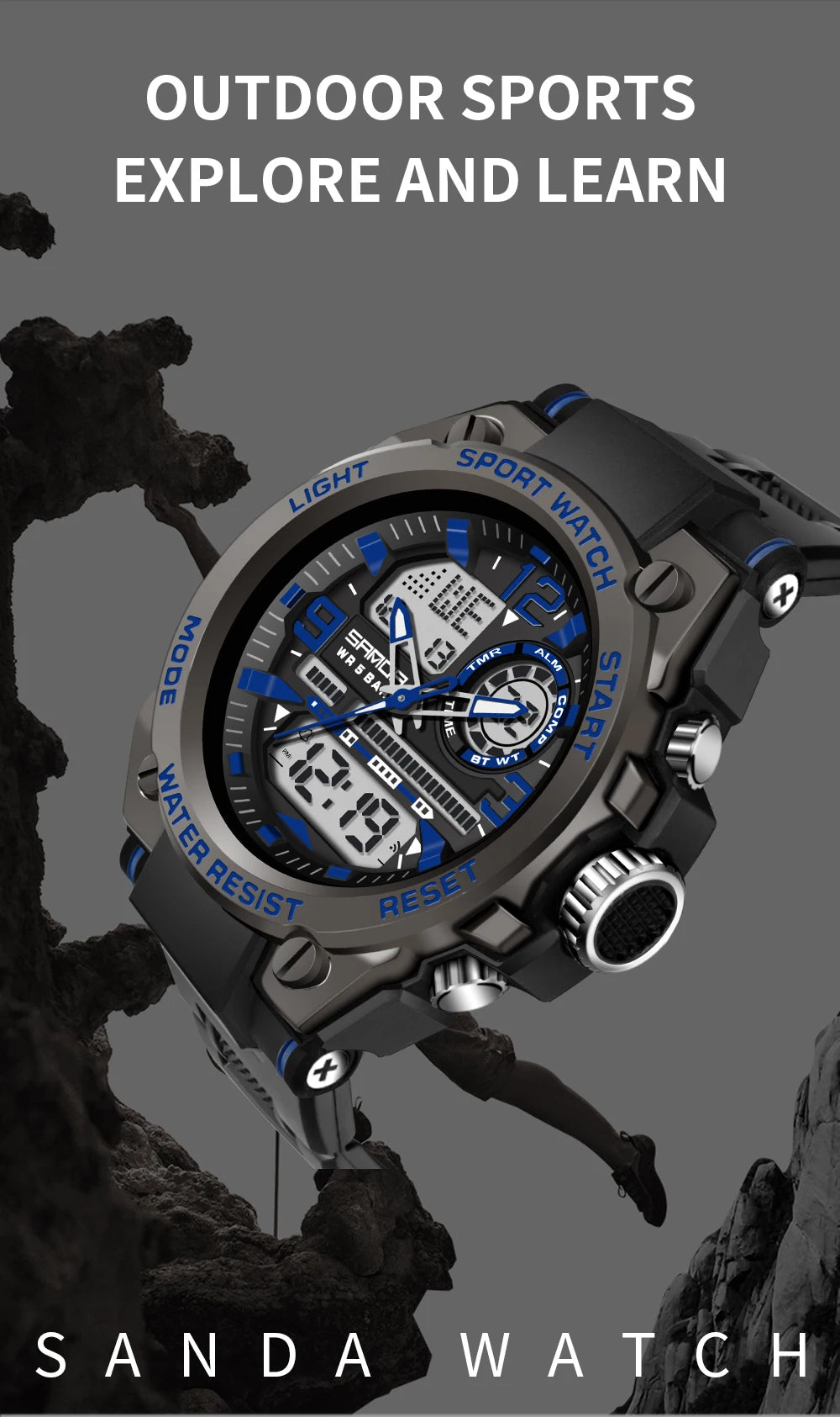 SANDA Men Sports Quartz Watches Dual Display LED Electronic Digital Wristwatches Waterproof Military Watch Relogios Masculino