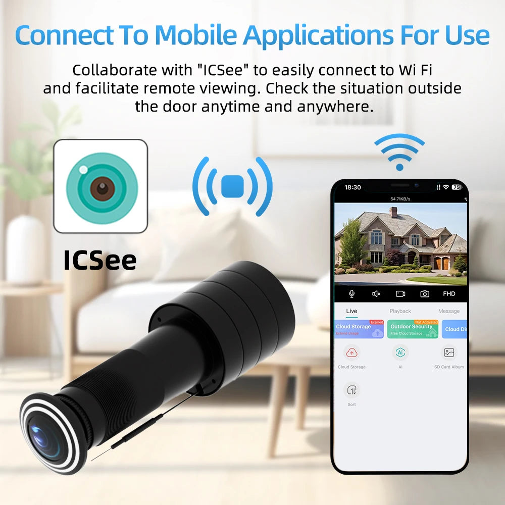 ICSEE 3MP HD Peephole WiFi Camera 170° Wide-angle Door Viewer Motion Detection Smart Home Security Wireless Cat-eye Auto Record