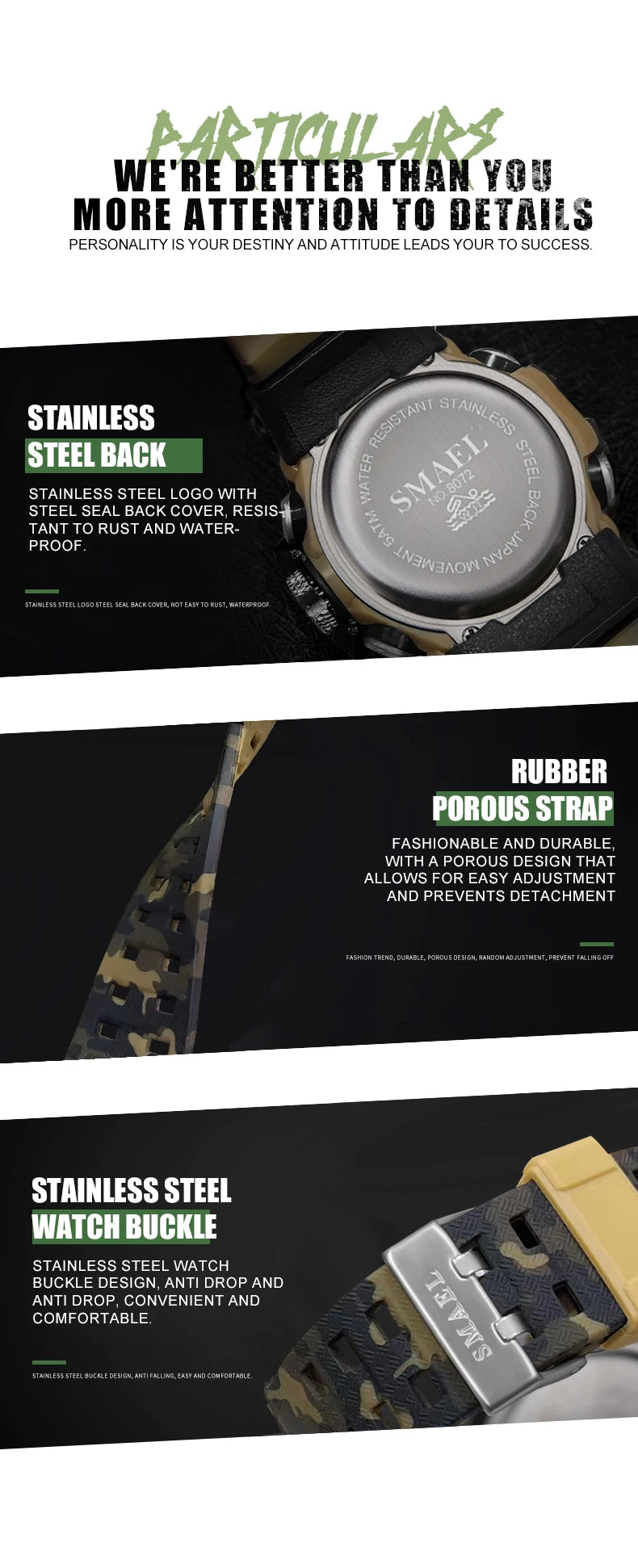 SMAEL New Watches 50m Waterproof Sports Watch Digital 8072 Army Watch Digital Quartz Dual Time Wristwatches LED for Men