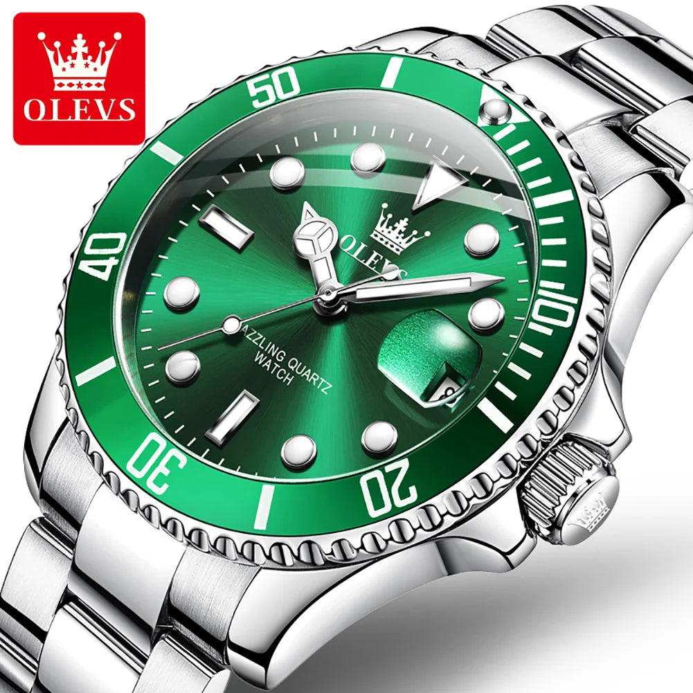 OLEVS Couple Watch Luxury Top Original Quartz Watches Stainless Steel Lover's Wristwatch for Men Women Green Water Ghost Series