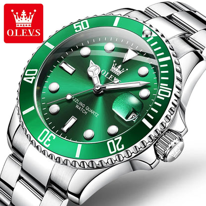 OLEVS Couple Watch Luxury Top Original Quartz Watches Stainless Steel Lover's Wristwatch for Men Women Green Water Ghost Series