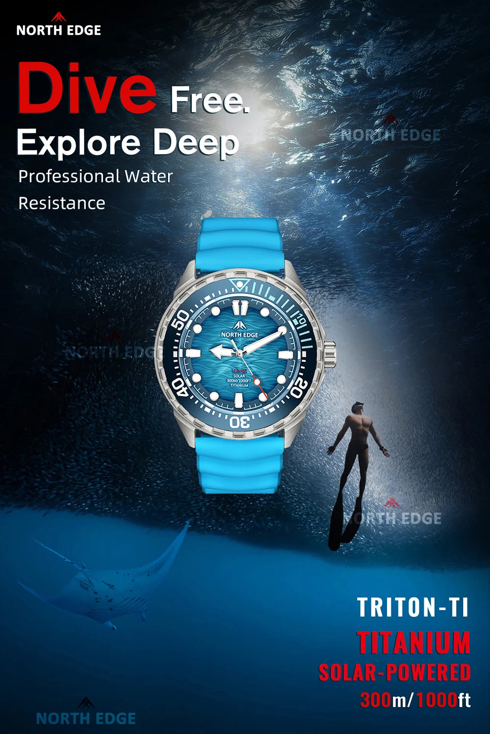 NORTH EDGE TRITON-TI Titanium Solar Diving Watch – 300M Waterproof, 180-Day Power Reserve