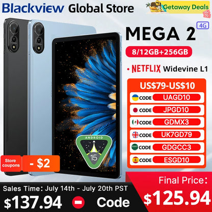 Blackview MEGA 2 Android 15 Tablet 12 inch 2K Display 36(12+24)GB 256GB Unisoc T615 9000mAh Battery Widevine L1 Pad PC