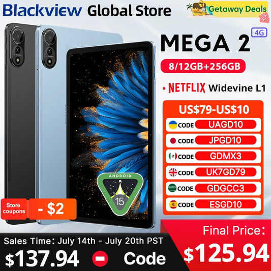 Blackview MEGA 2 Android 15 Tablet 12 inch 2K Display 36(12+24)GB 256GB Unisoc T615 9000mAh Battery Widevine L1 Pad PC